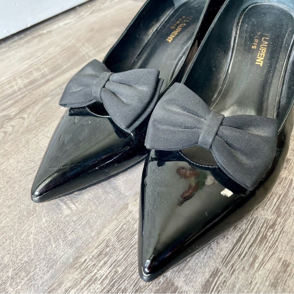 Yves Saint Laurent YSL Black Italian Patent Leather Bow Kitten Heel Size 40 - Picture 7 of 14